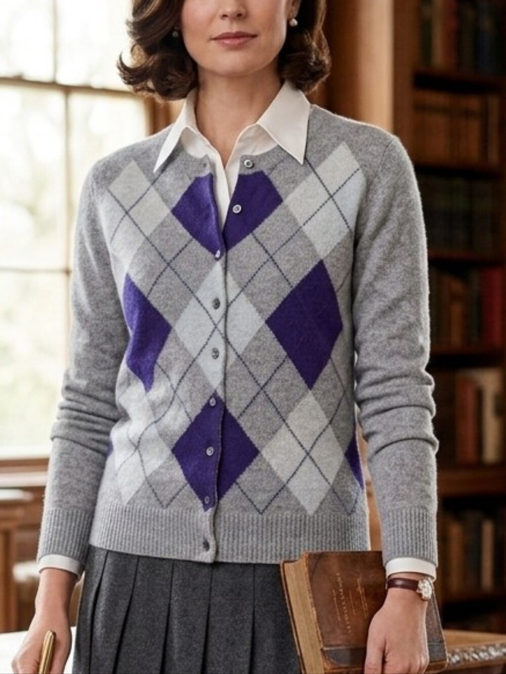 100% Cashmere Women's Gray and Purple Argyle Button-Up Cardigan Size M